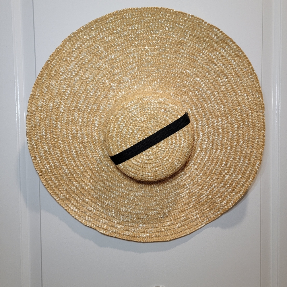 Straw Hat Black Ribbon Neck Tie Sun Protection Vacation Cap Beige Oversized Brim